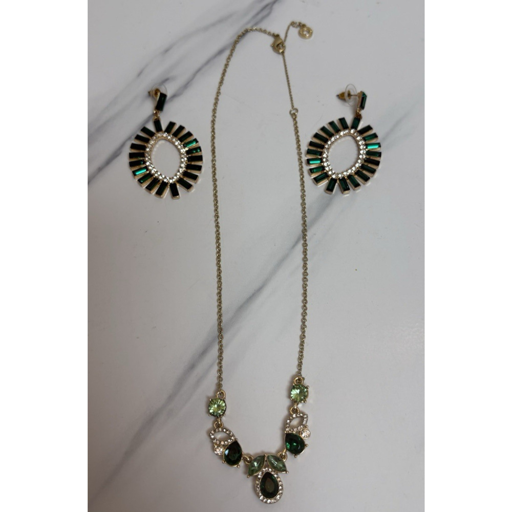 Gold Tone Emerald Green Statement Necklace and Earrings Set Faux Crystal